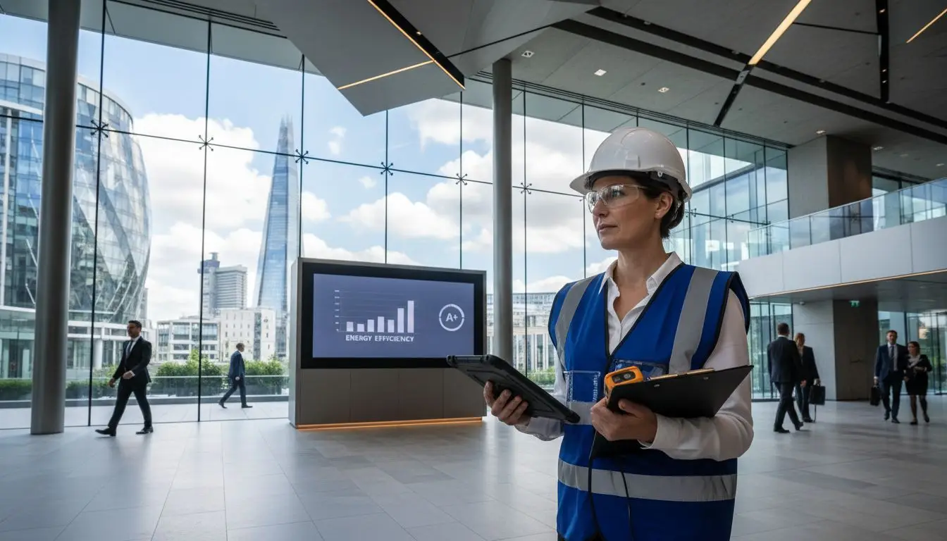 commercial epc assessor in modern office lobby.