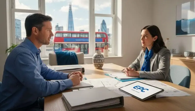 epc Business meeting with London skyline view.