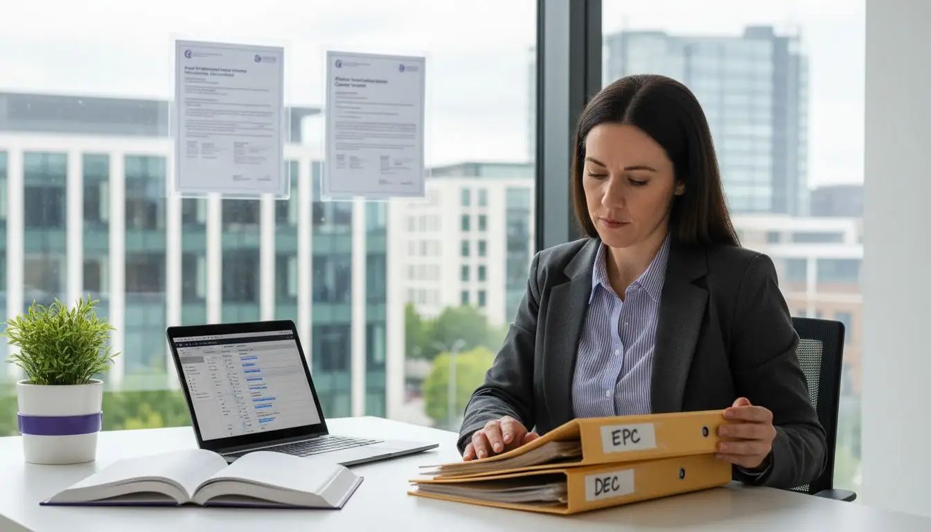 Professional woman with folders at desk assessing an epc certificate and its energy rating