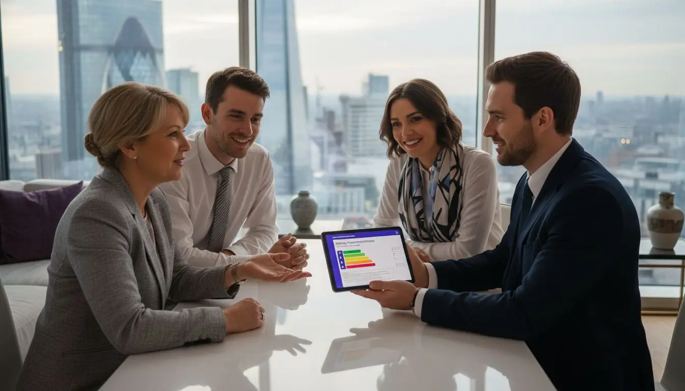 Business meeting with digital EPC Certificate presentation in london background.