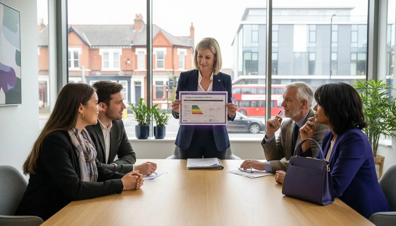 Business meeting with epc rating presentation underway.