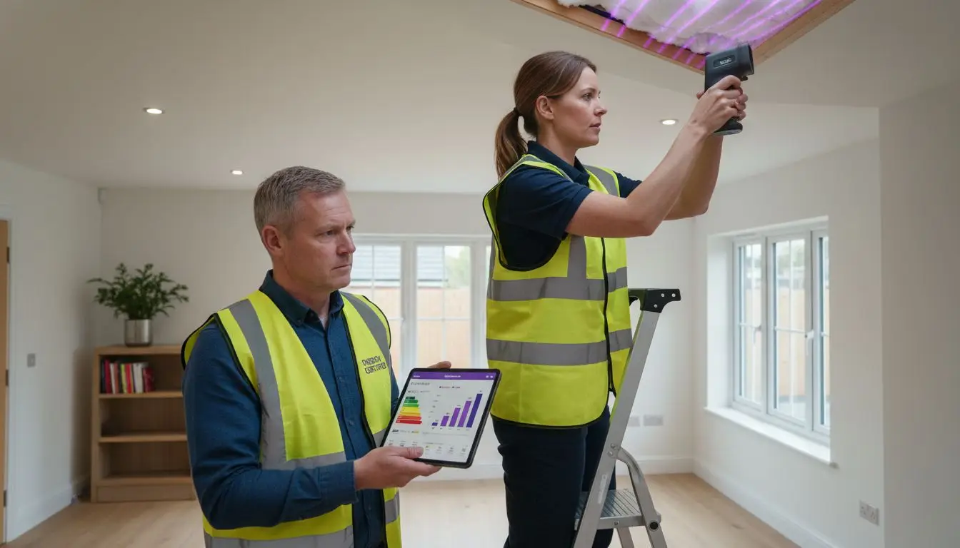 Two workers inspecting heat loess for sloping ceiling.
