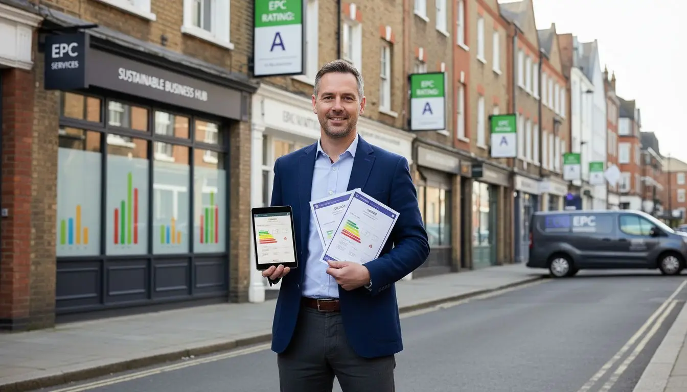 Man holding epc documents and epc graph outdoors.