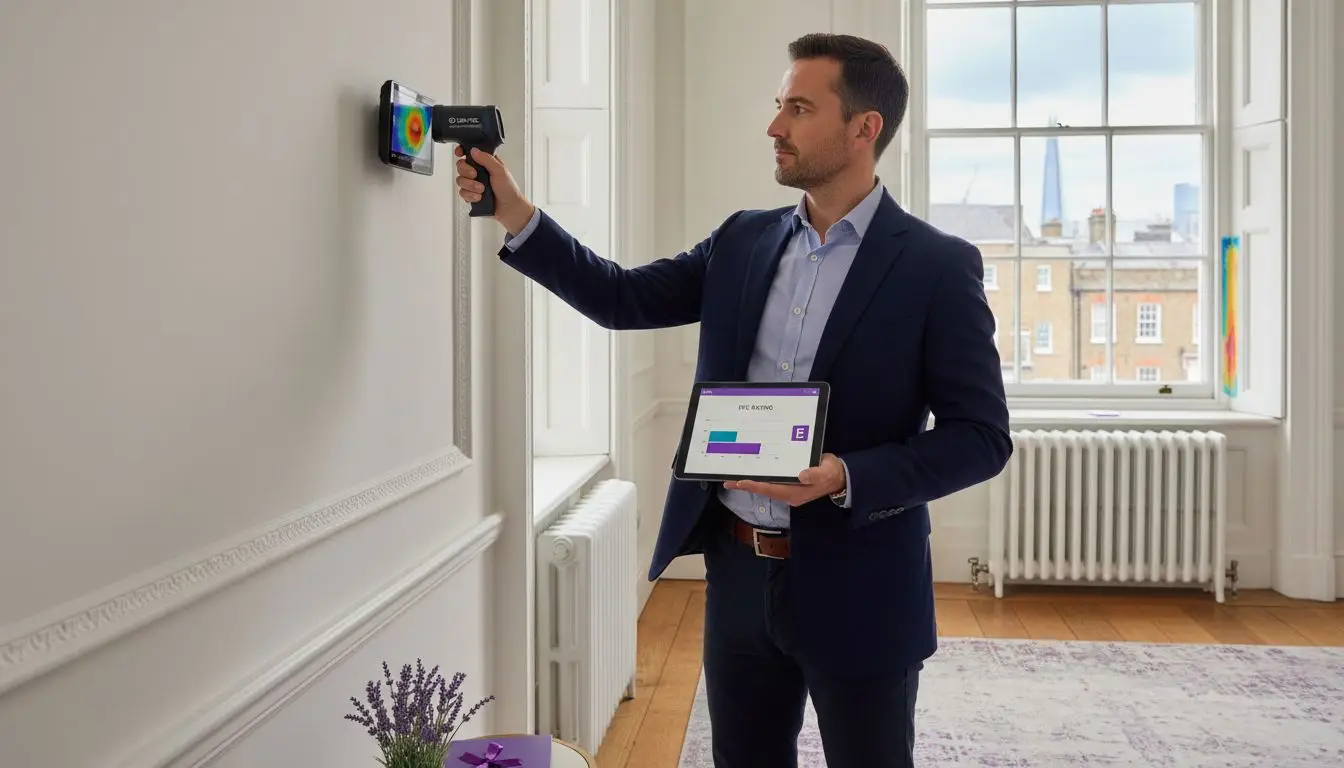 Man using device to analyse wall heatloss eppc rating