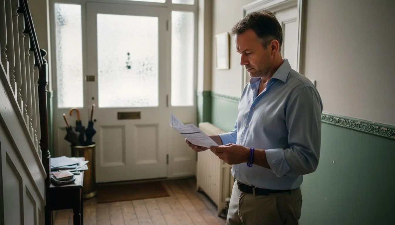 Man reading documents in hallway.