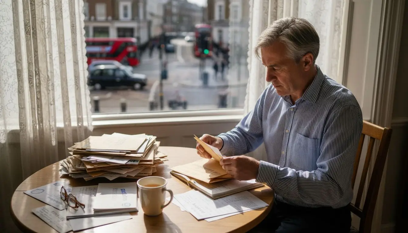 Man sorting through paperwork at table