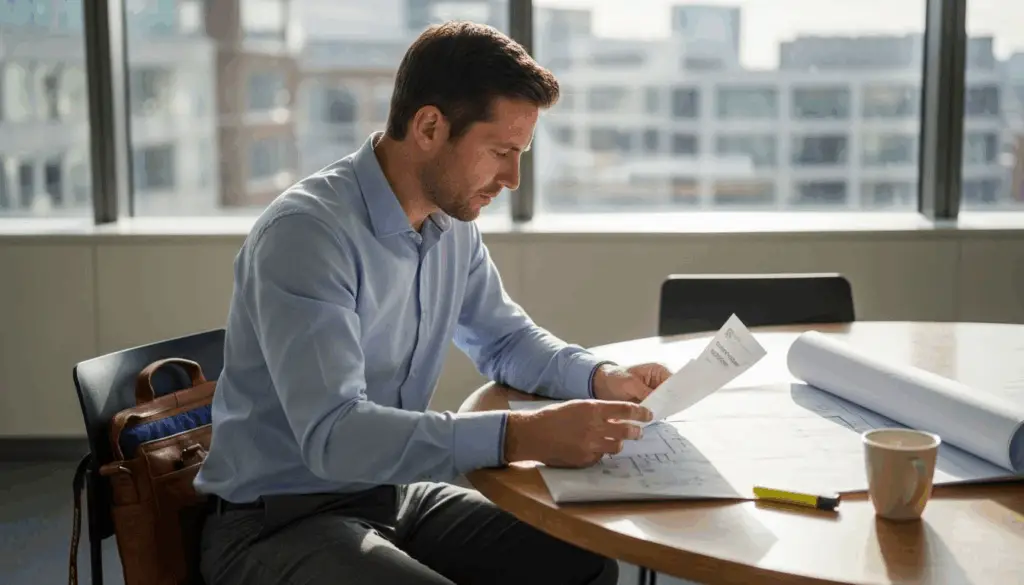 Man reviewing documents at table.