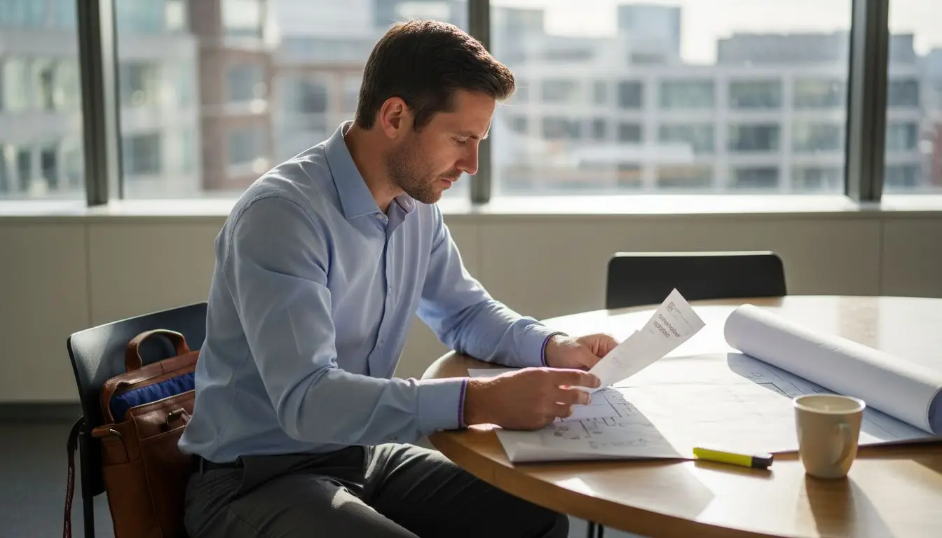 Man reviewing documents at table.