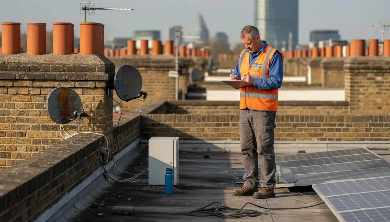 Worker installing solar panels on rooftop