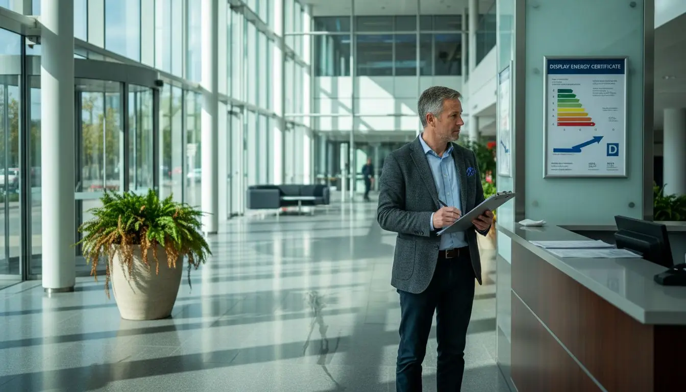 Modern lobby with a man standing.