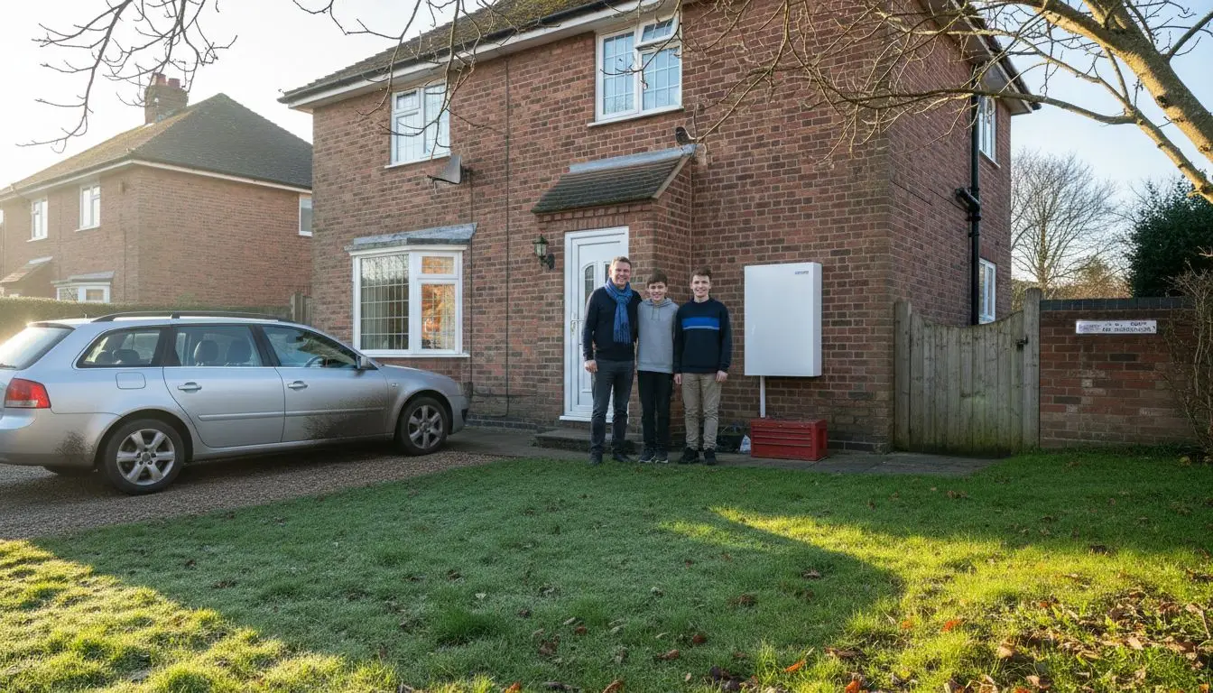 Three people outside a brick house.