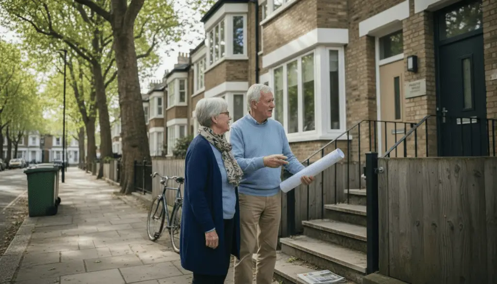 Couple discussing plans outside house.