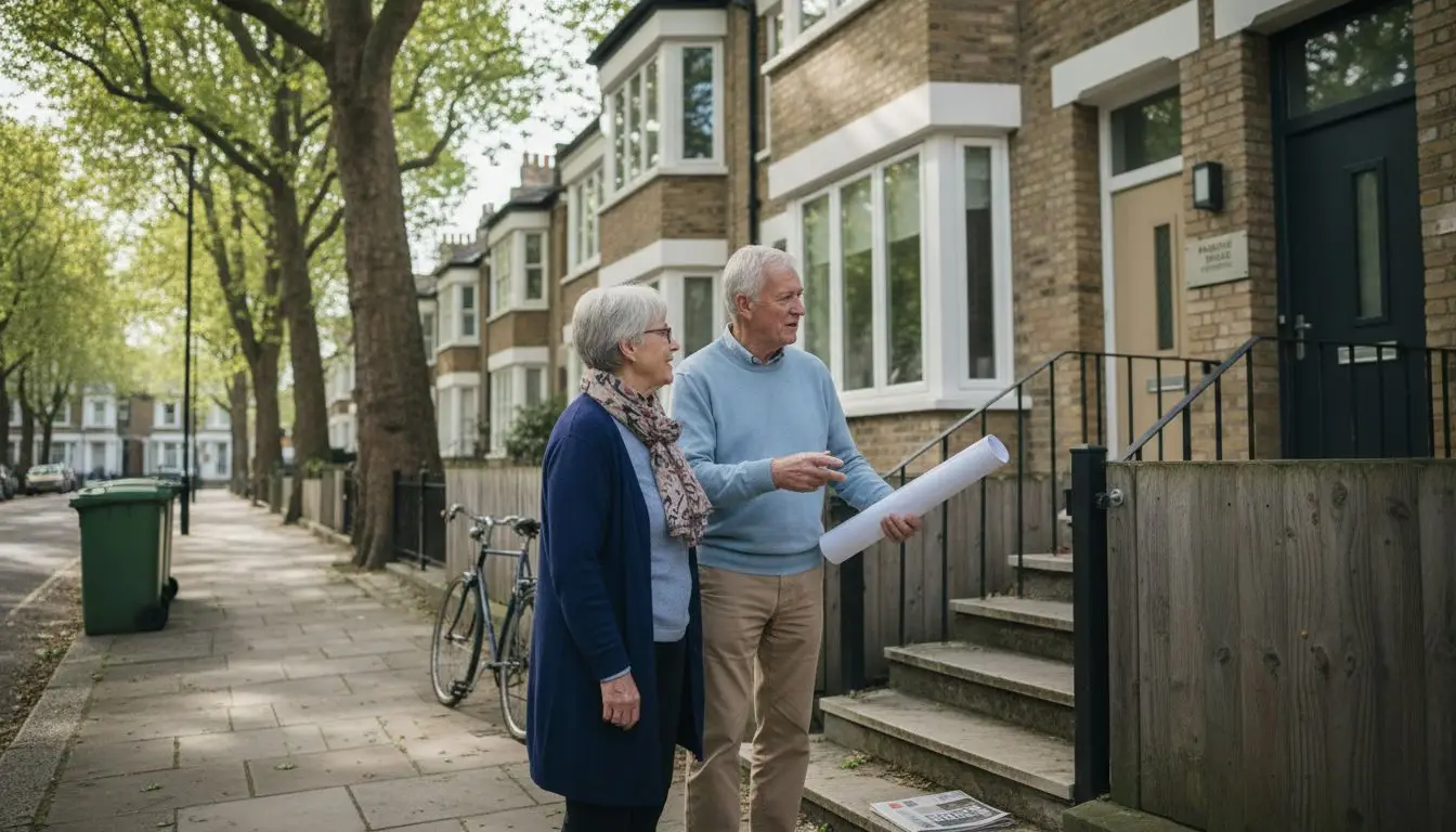 Couple discussing plans outside house.