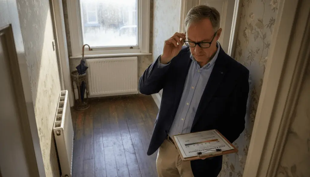 Man holding clipboard in hallway.