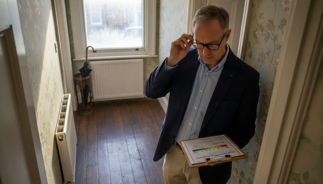 Man holding clipboard in hallway.