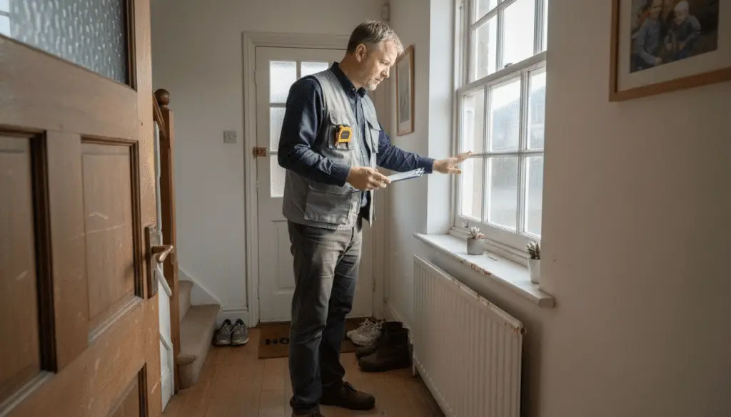 Inspector checks window for energy efficiency