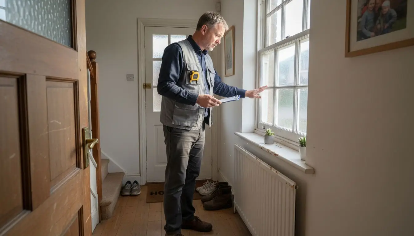 Inspector checks window for energy efficiency