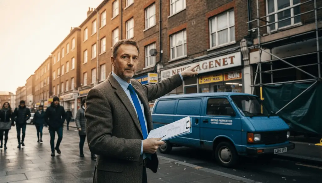 Property manager examines building exterior envelope
