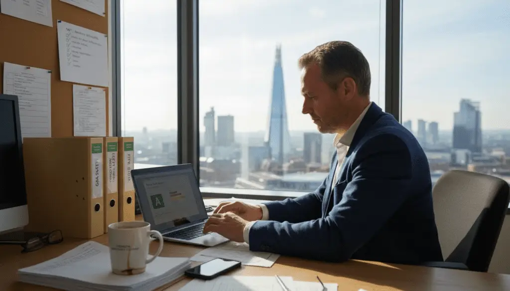 Property manager reviewing compliance documents