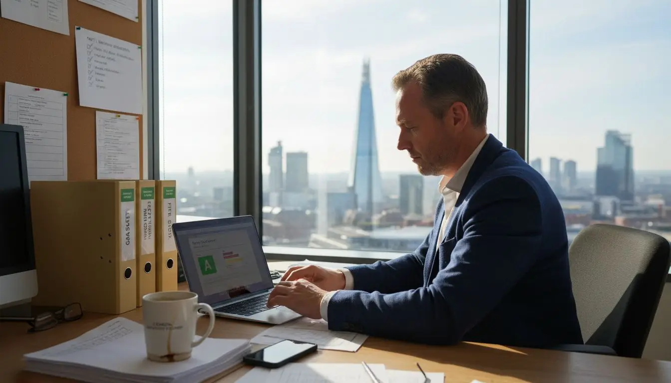 Property manager reviewing compliance documents
