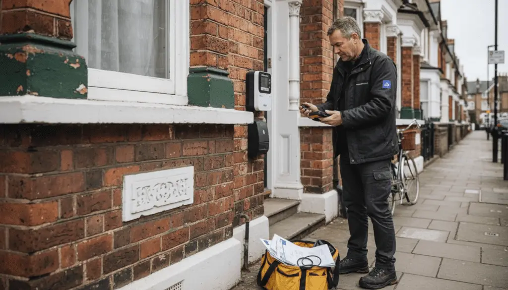 Technician installing smart meter at London home