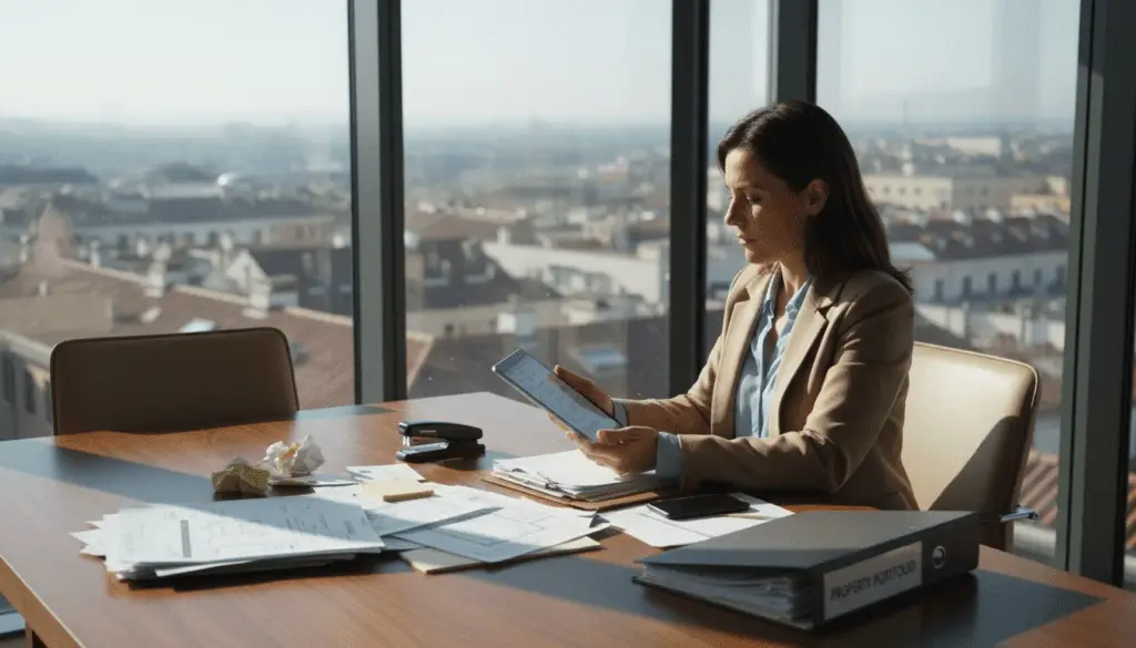 Property manager reviewing EPC documentation at conference table