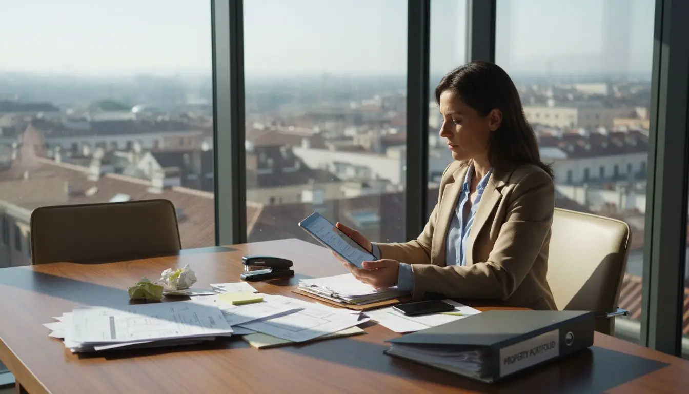 Property manager reviewing EPC documentation at conference table