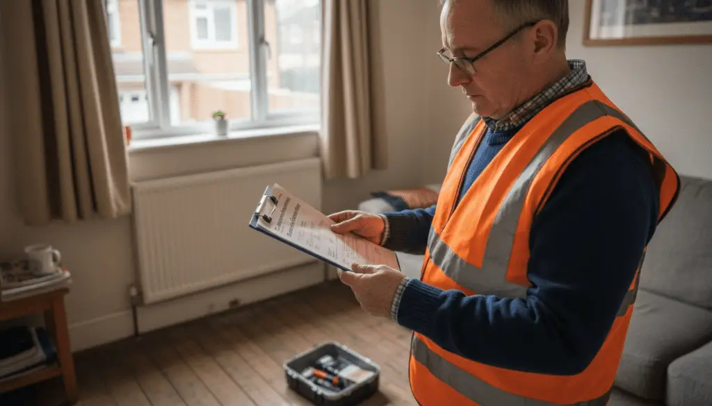 Property EPC assessor reviewing compliance paperwork