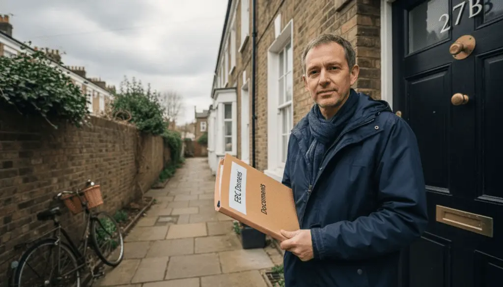 Homeowner holding EPC folder outside London terrace