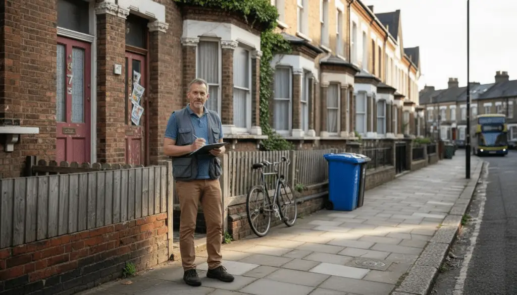 Energy assessor outside Victorian London house