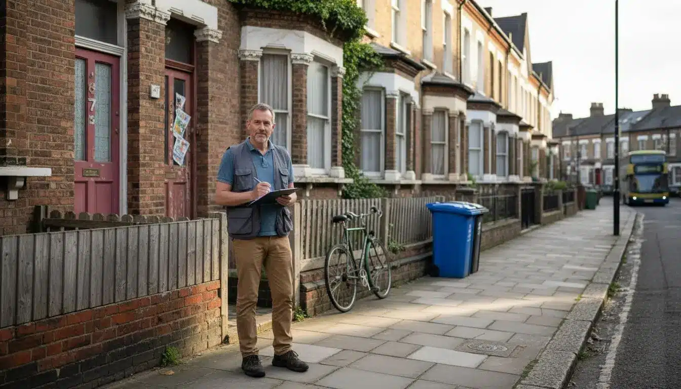 Energy assessor outside Victorian London house