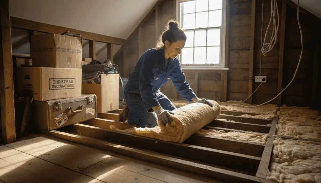 Homeowner installing insulation in London loft