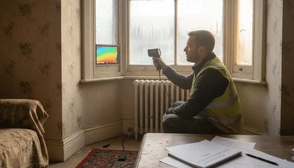 Thermal imaging camera checking window cold spot