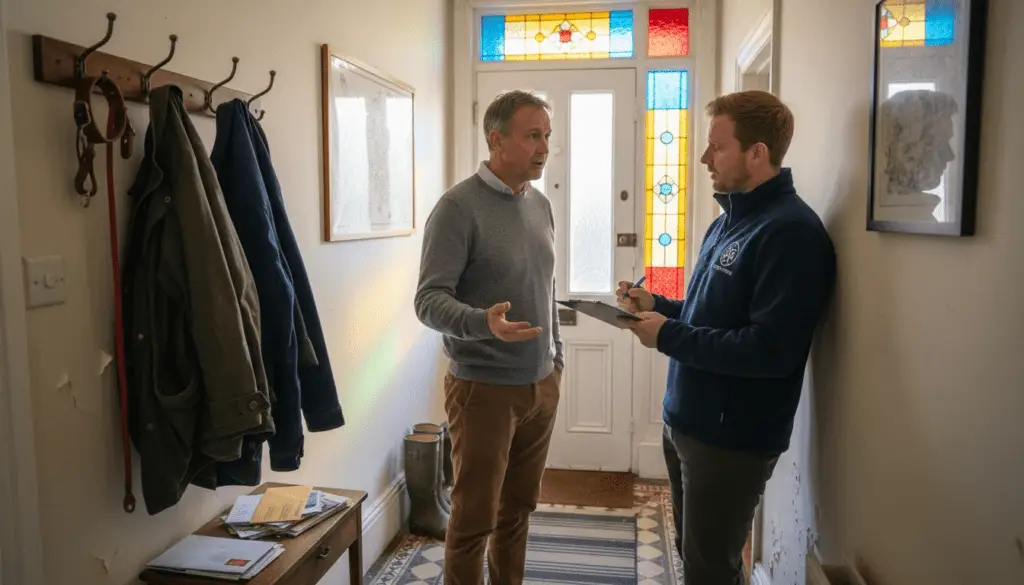 Homeowner and EPC assessor in London hallway