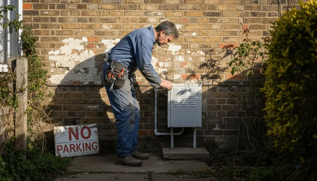 Installer connecting heat pump outside London home