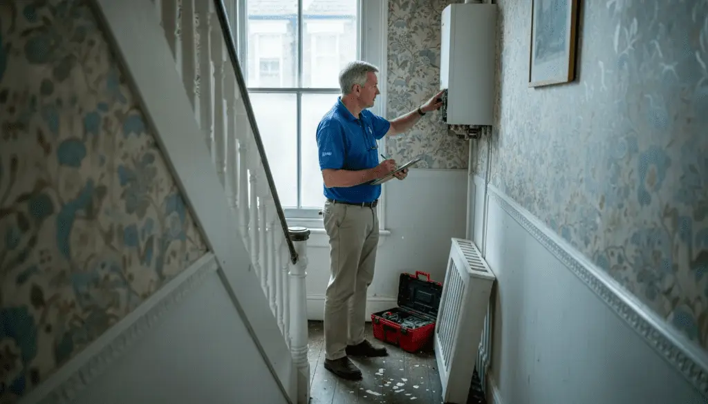 Energy assessor checking boiler in London hallway