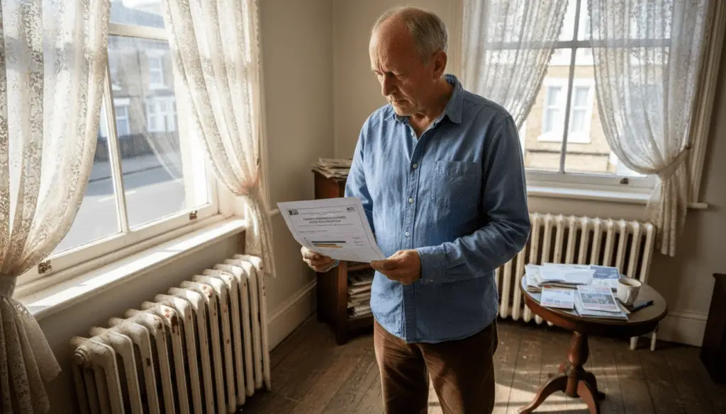 Landlord reading EPC certificate in living room