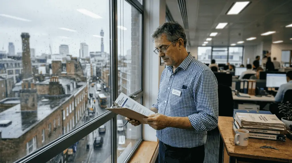 London office manager reviewing energy benchmarking report