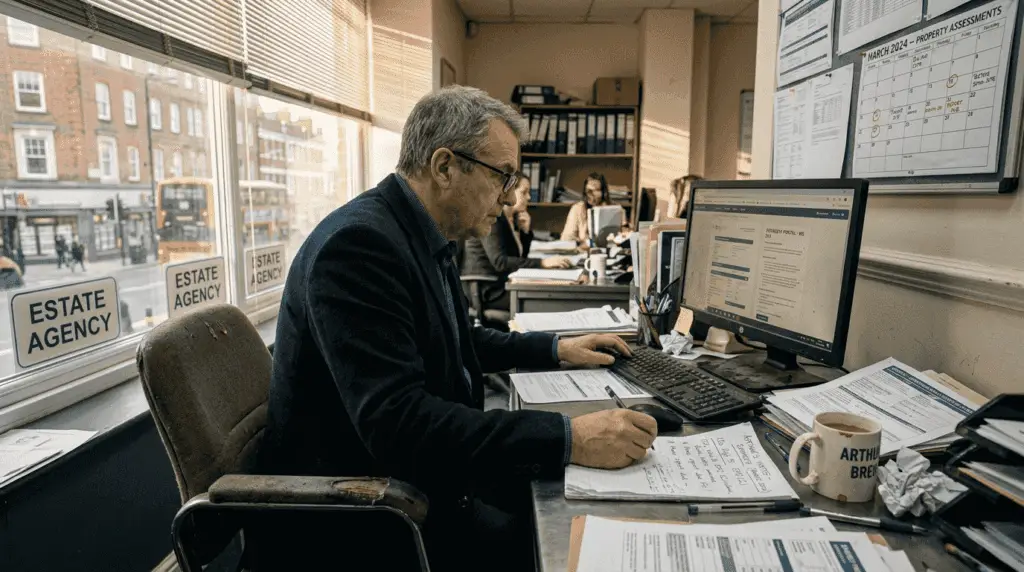 Assessor reviewing EPC lodgement paperwork in office