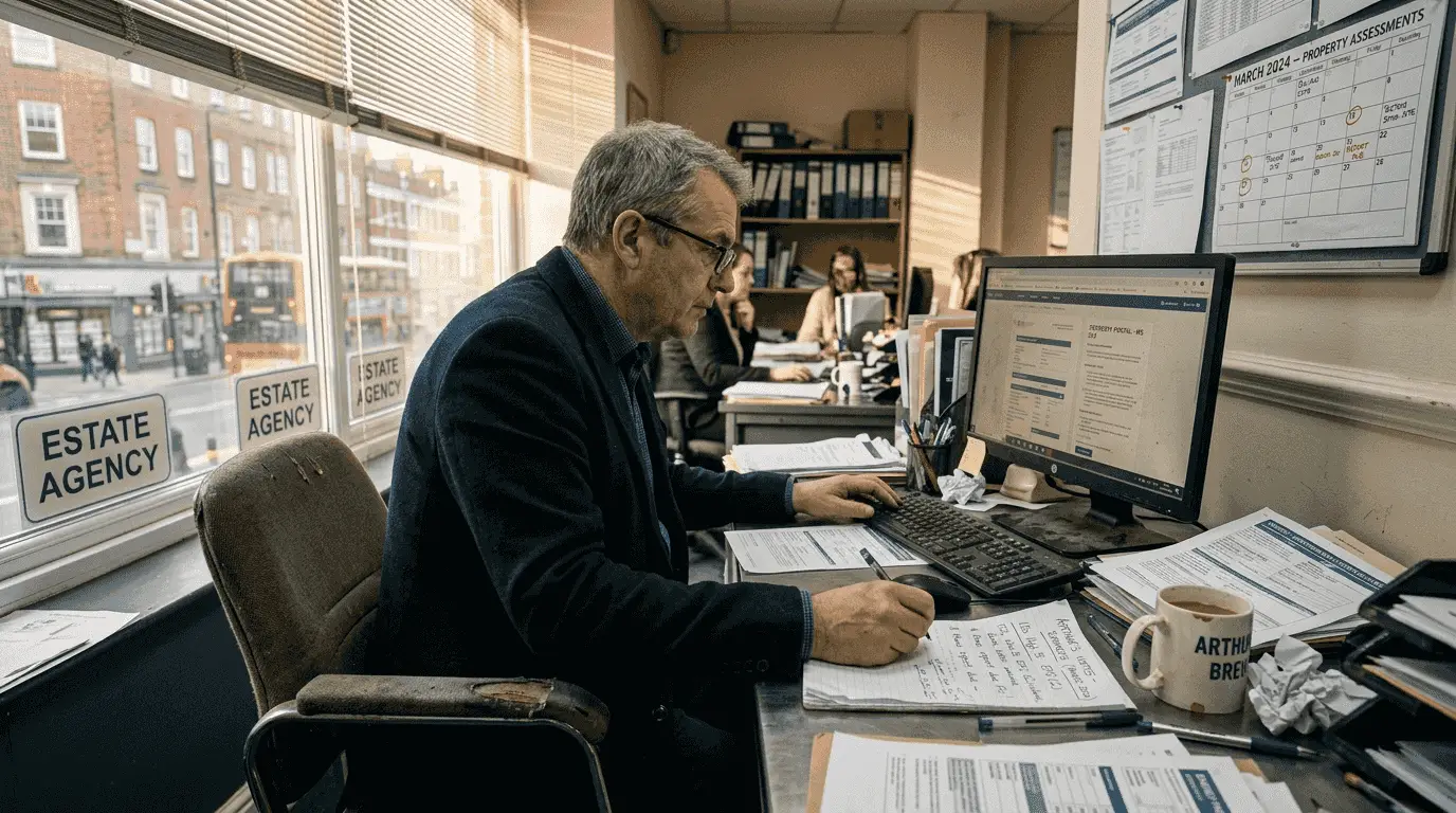 Assessor reviewing EPC lodgement paperwork in office