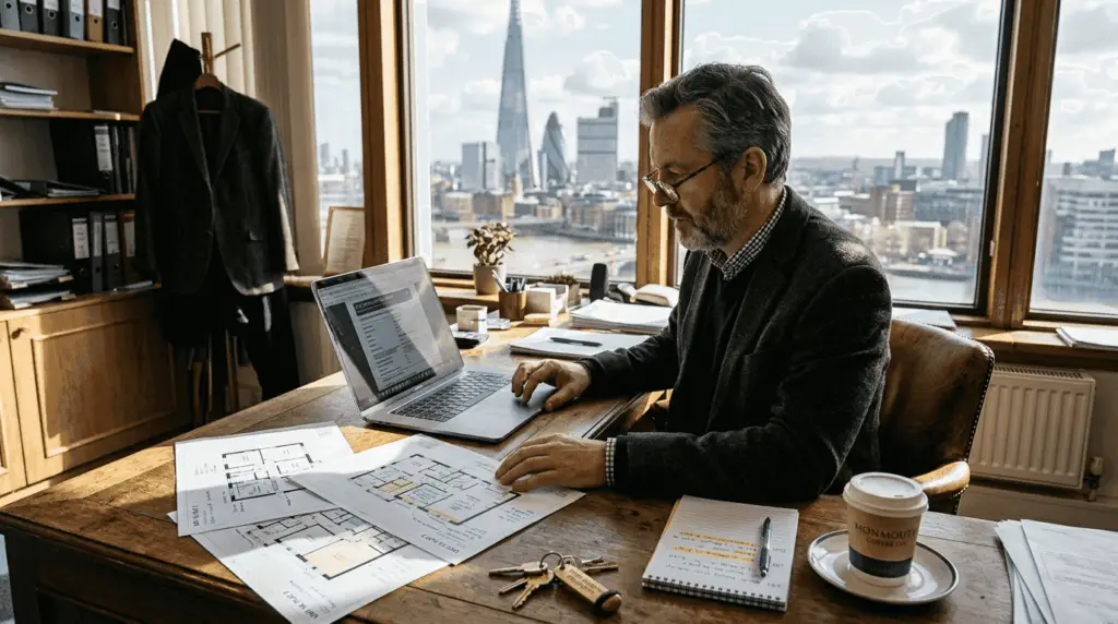 London landlord reviewing EPC documents in office