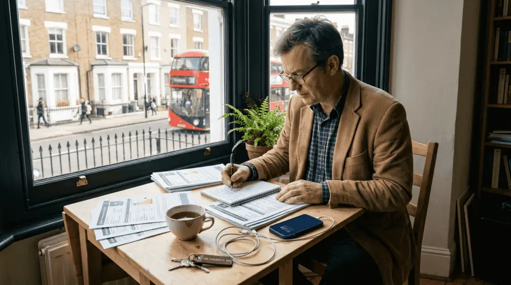 London landlord organizing EPC documents at table