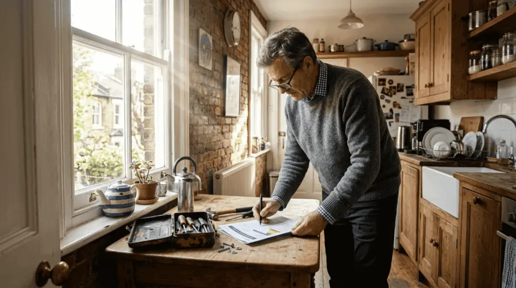 London homeowner reviewing EPC certificate in kitchen