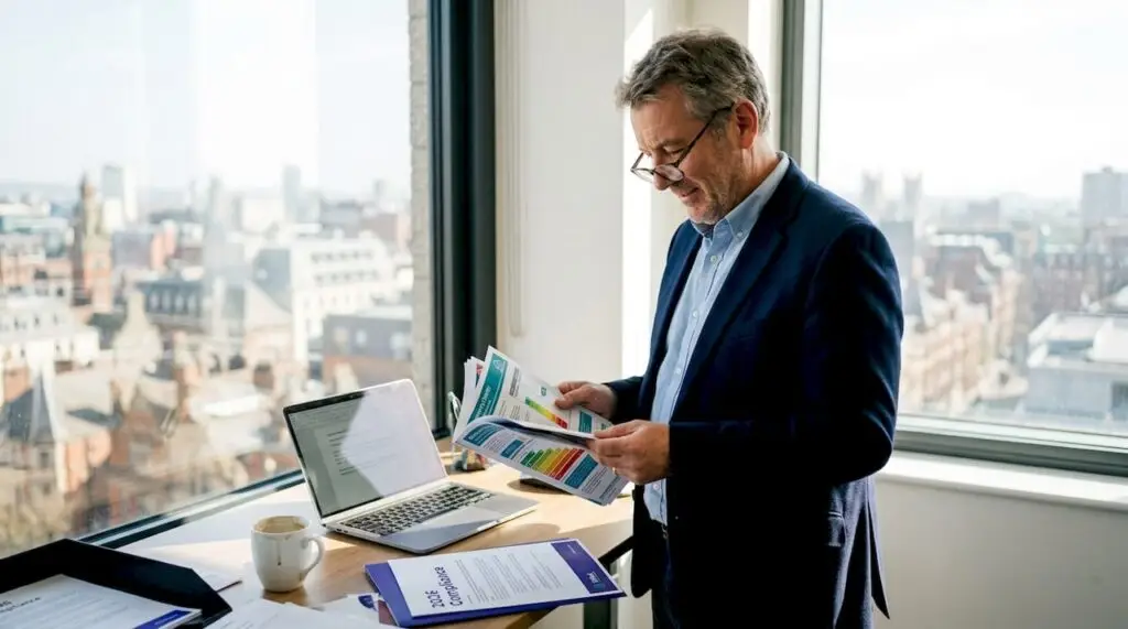 Letting agent examining property energy rating paperwork