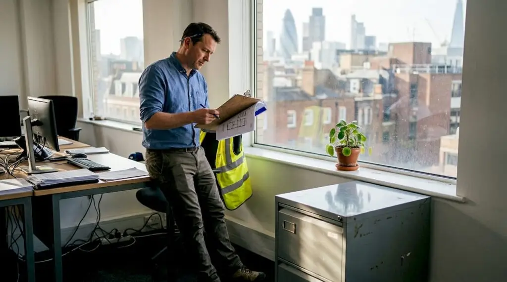 Energy assessor checking plans in London office