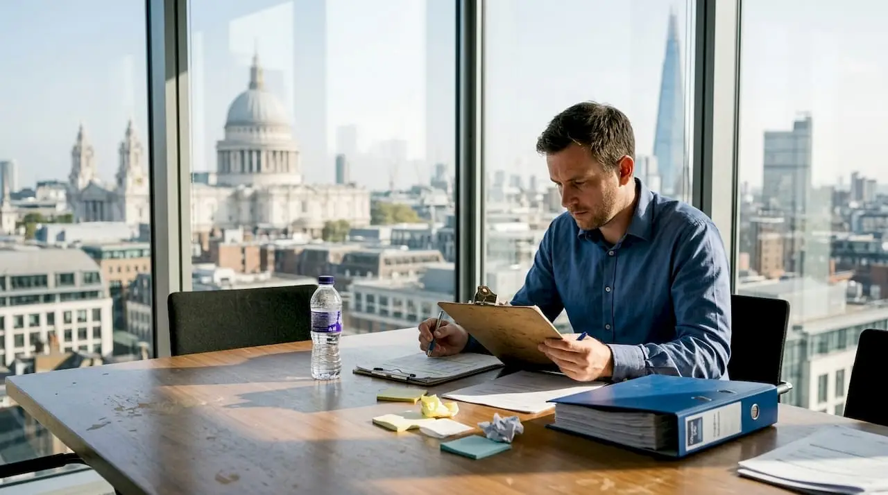 Manager reviews commercial EPC in London office