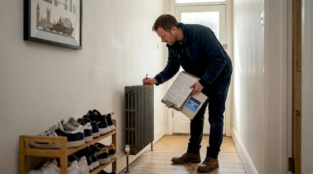 Energy assessor inspects radiator in London home