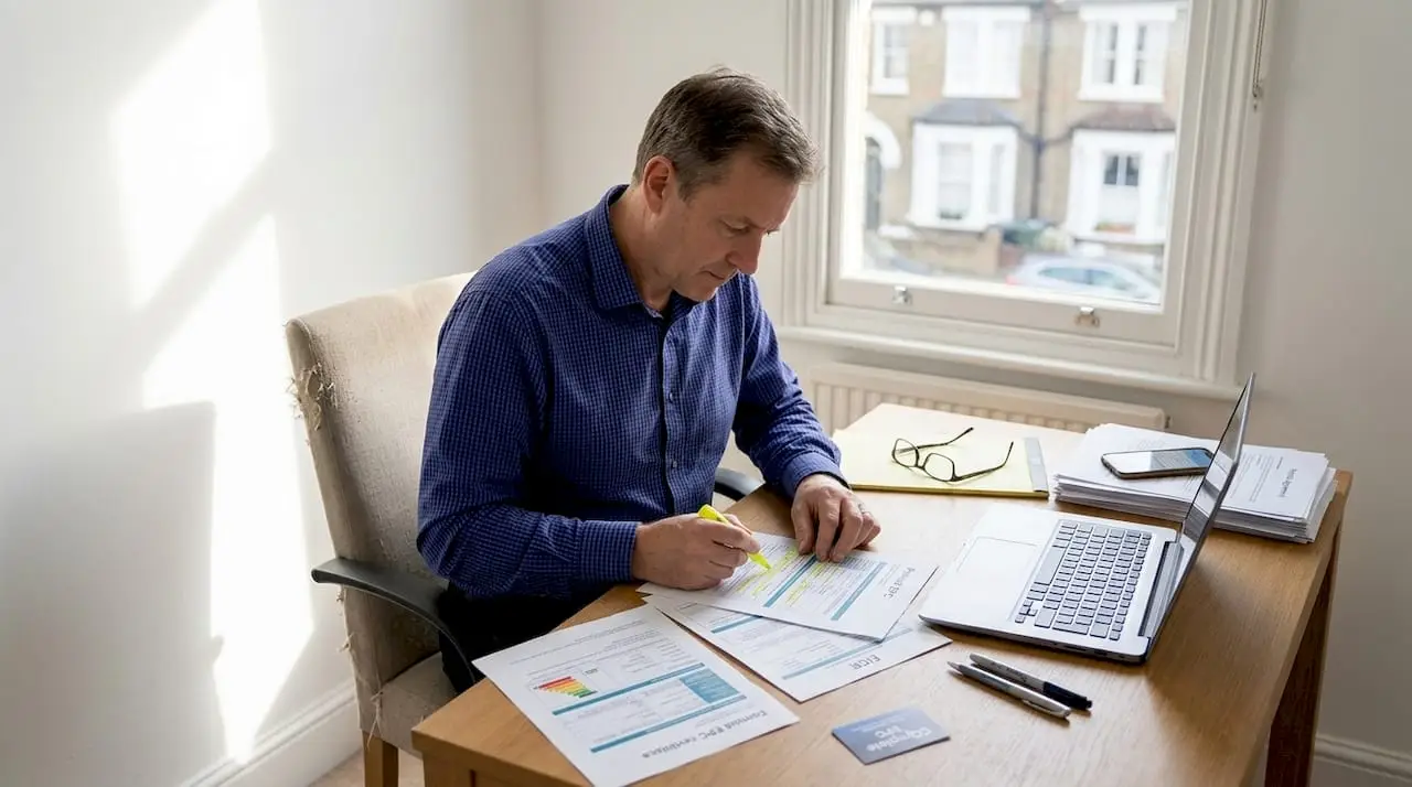 Landlord reviewing property certificates at desk