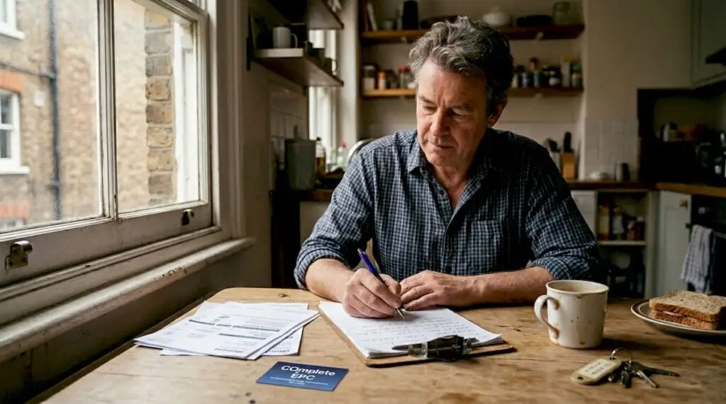 Landlord reviewing energy bills at kitchen table