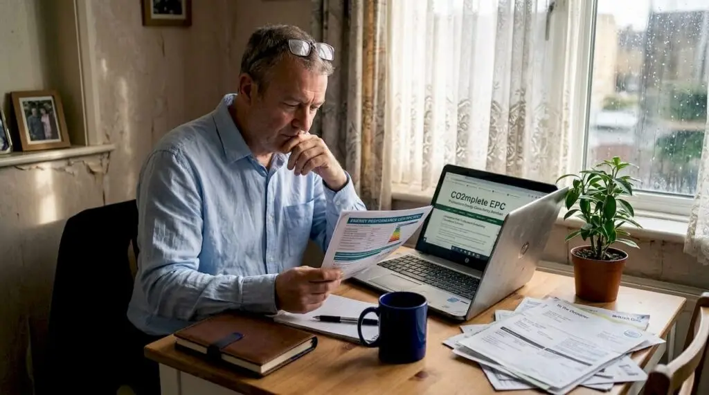 Landlord reviewing energy certificate at home